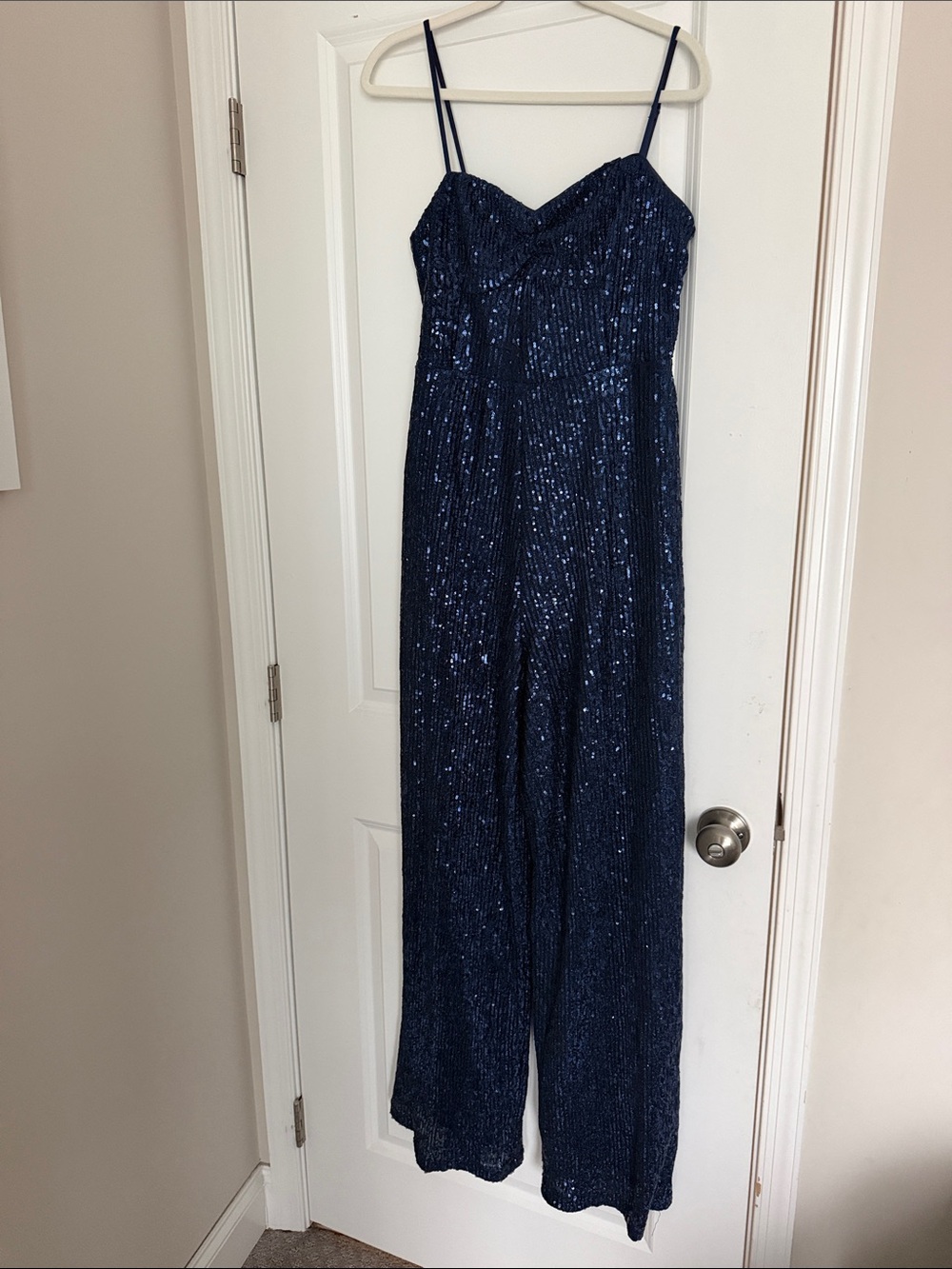 Lulu's Navy Sequin Sweetheart Wide-Leg Jumpsuit